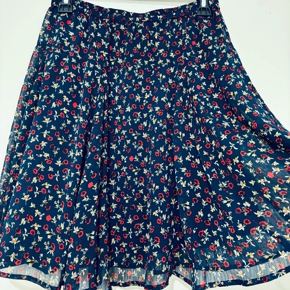Old Navy XS Floral Navy blue red A Line Pull On chiffon flirty preppy mini skirt